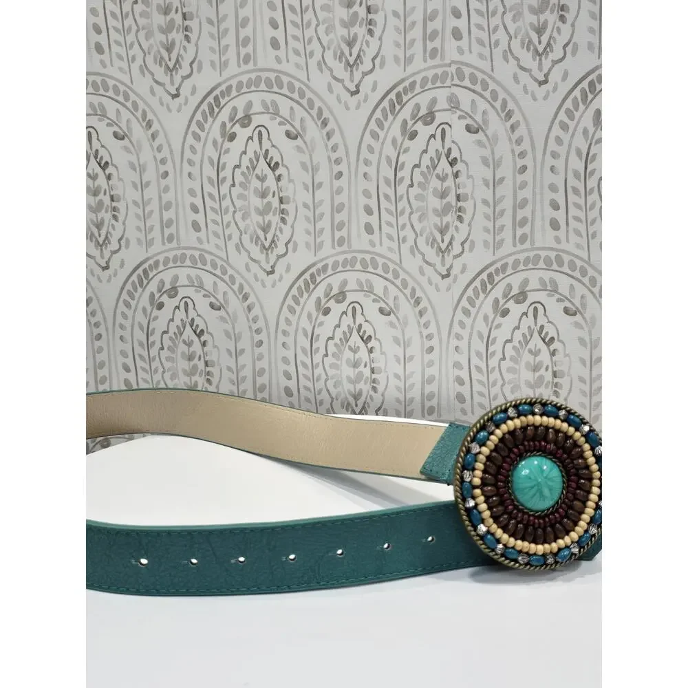 Vintage Womens Medium Belt Western Cowgirl Turquoise Teal Beaded Large Concho